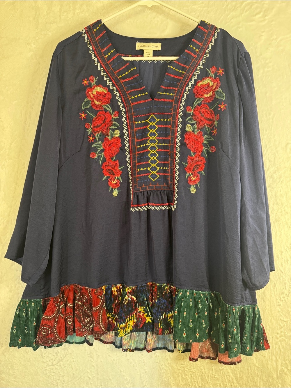 Coldwater Creek Navy Tunic with Red Floral Embroidery 1X